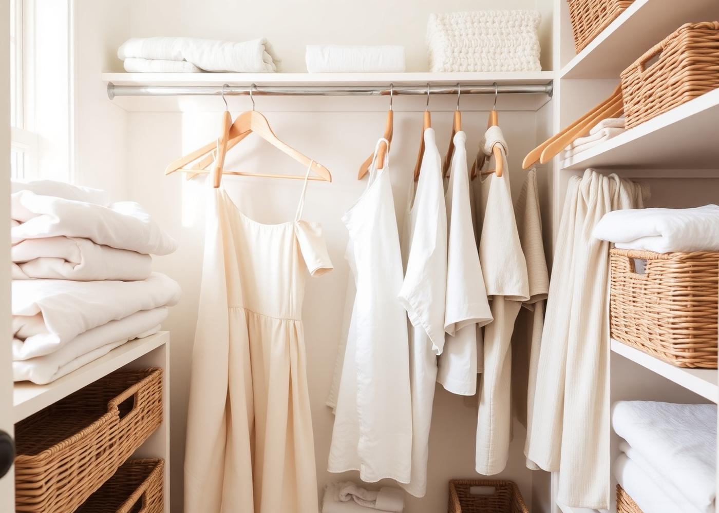 Organized closet with neutral tones